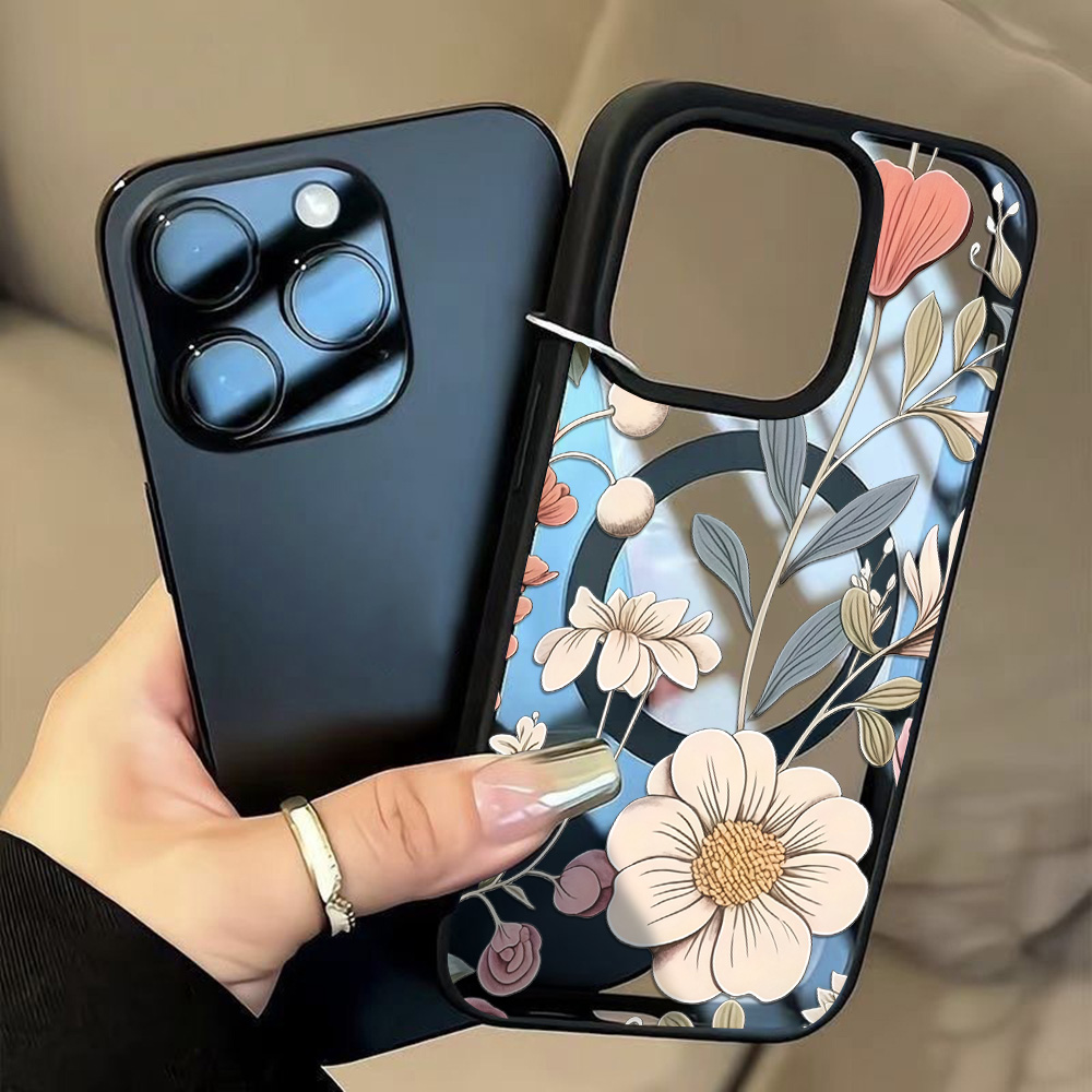 Magnetic Phone Case - 黒枠花柄耐衝撃スマホケース iPhone 17 14 15 16
