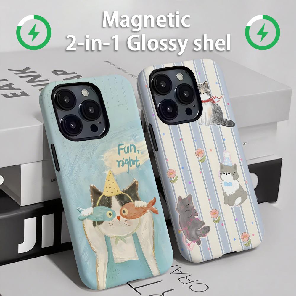 Magnetic Phone Case - かわいい猫と犬のスマホケース マグネット式 2-in-1 光沢シェル iPhone 16e
