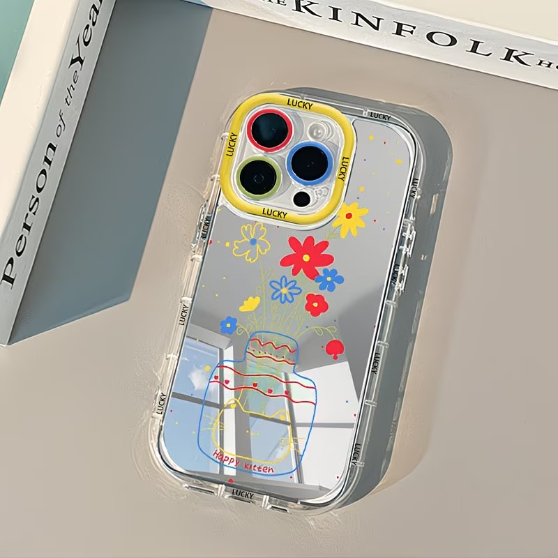 Phone Accessories To Sell - 夏のデイジー柄猫花瓶デザインミラー付きスマホケース iPhone 17 13 11 12