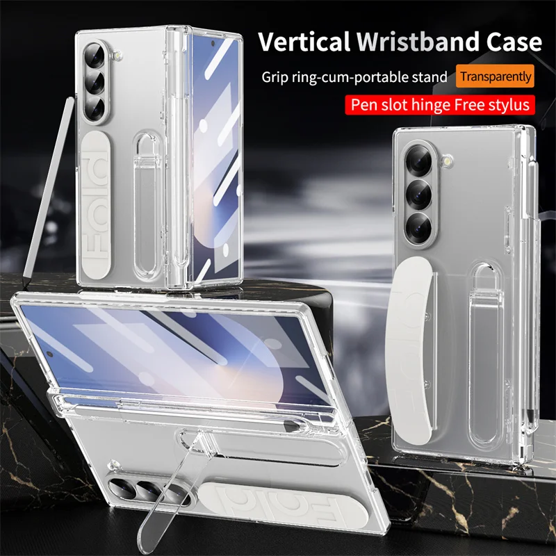 Tempered Glass Screen - Samsung Galaxy Z Fold 7/6/5/4/3用 高級リストバンドホルダー付きヒンジ式スマホケース、ペン収納スロットとSペンスクリーンプロテクターフィルムカバー付き