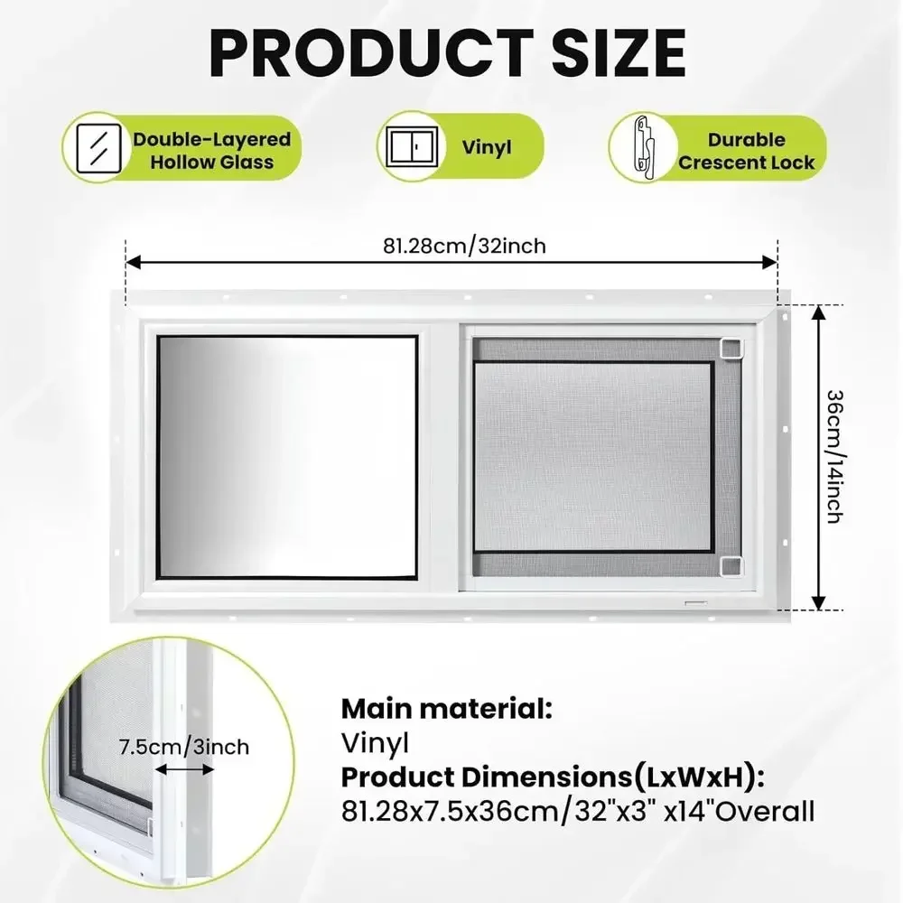 ビニール製地下室窓、32インチ x 14インチのスライド式窓 - Tempered Glass Screen のレビューと価格