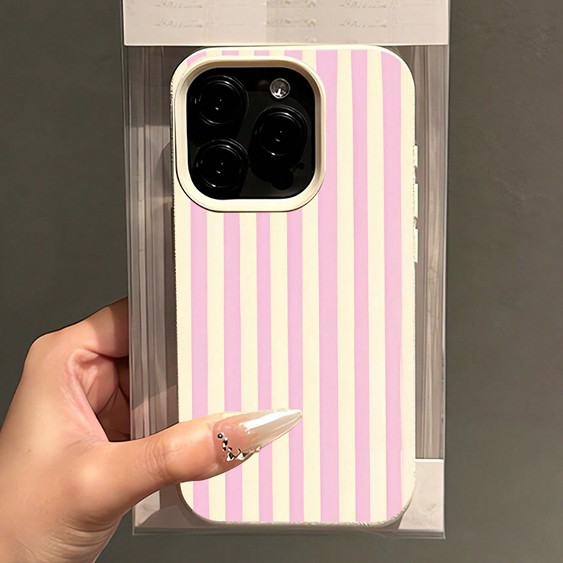 シンプルなピンクの縦縞ライチ柄スマホケース iPhone 1 - Phone Accessories To Sell のレビューと価格