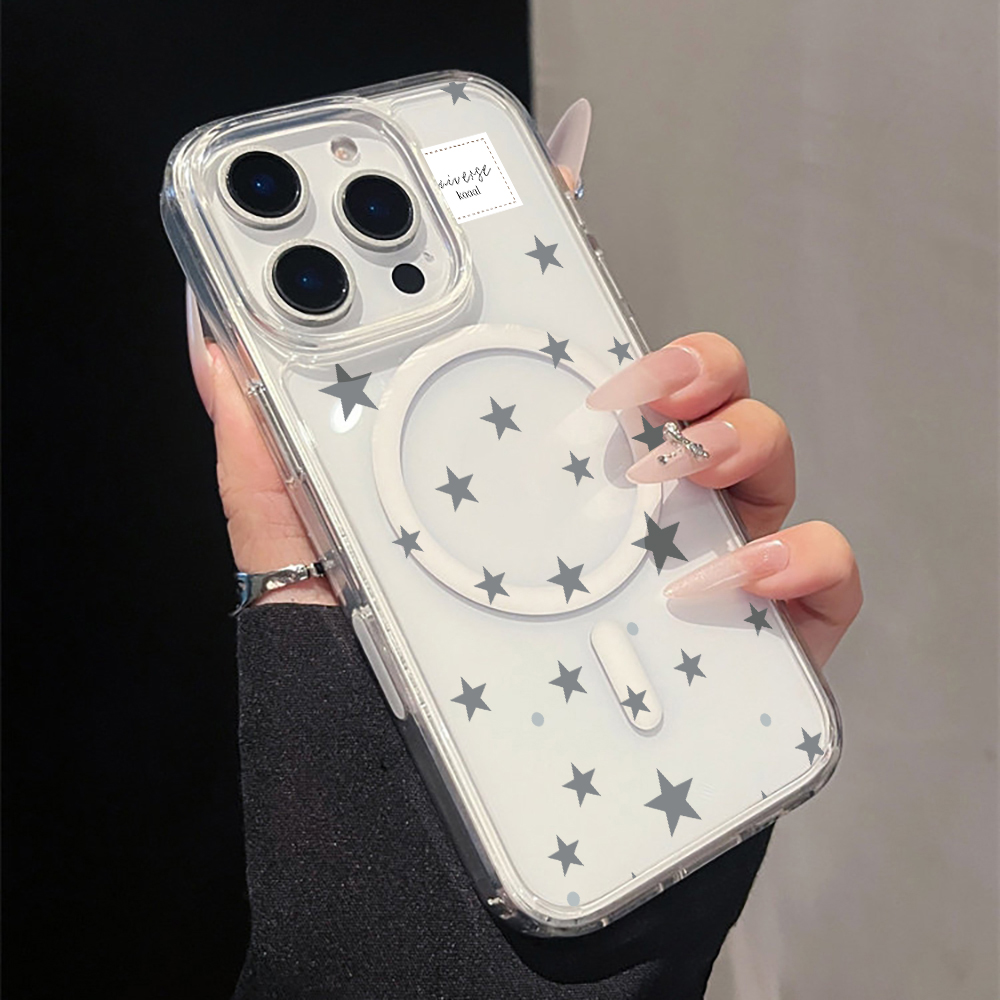 グレーの星柄プリント マグネット式クリアスマホケース iPh - Magnetic Phone Case のレビューと価格